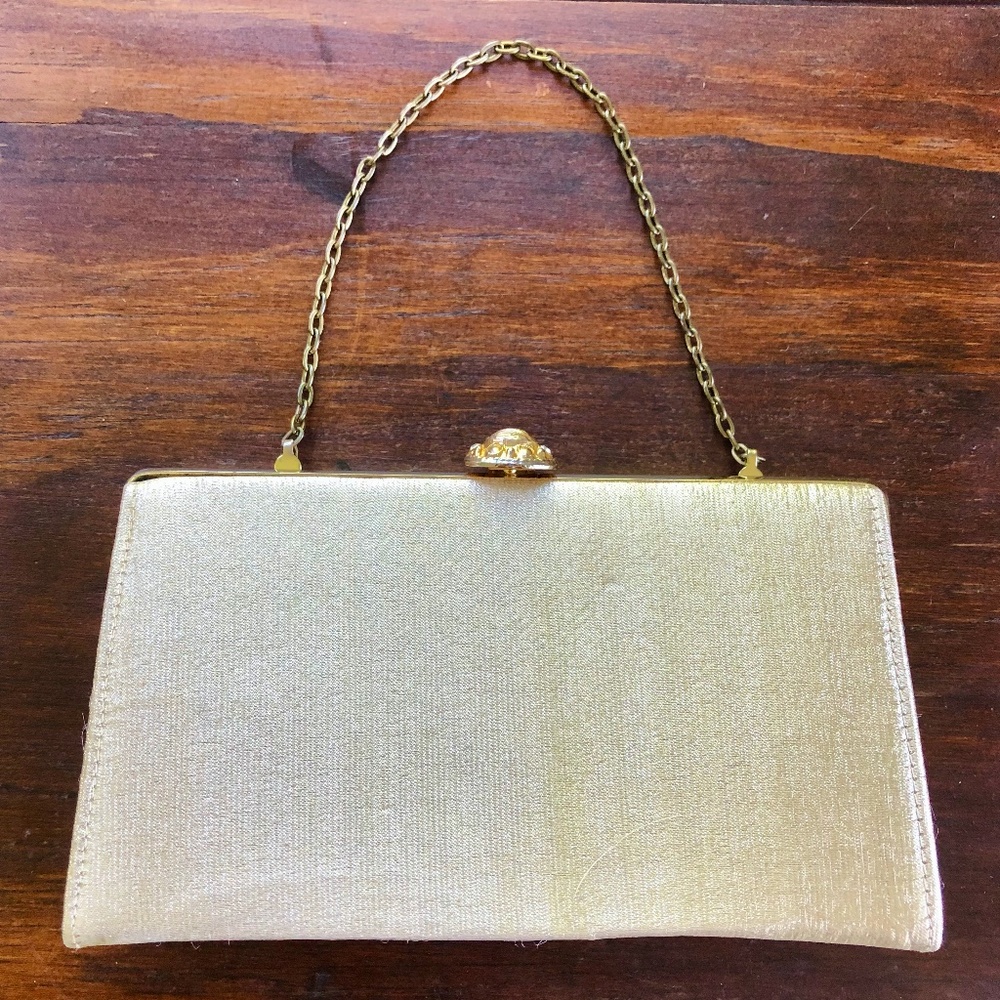 Vintage 70s Gold Shimmer Fabric Lined Metal Snap Clasp Clutch Wristlet / Wallet